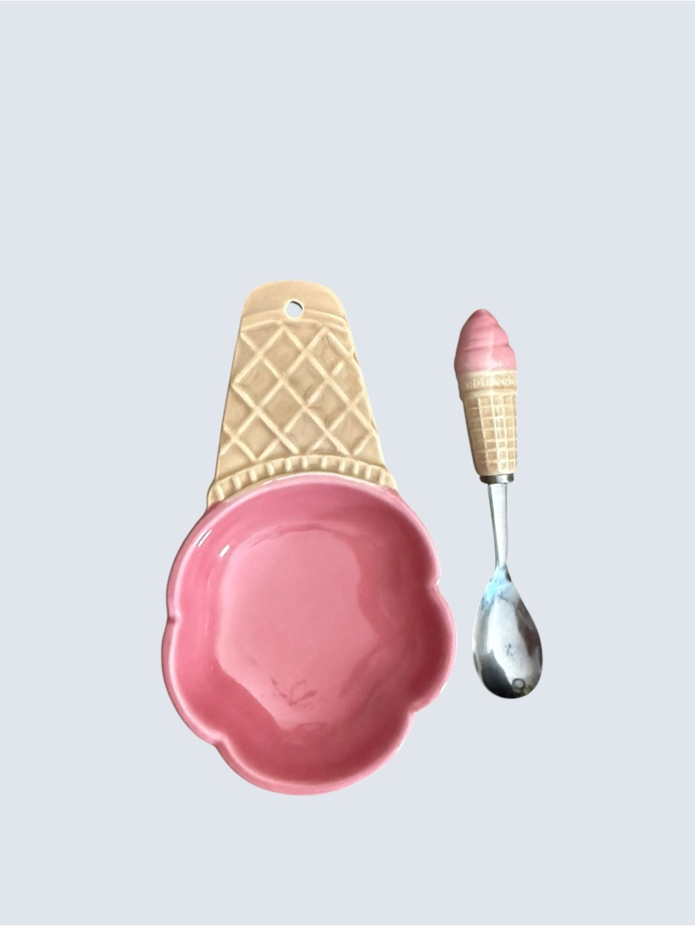 Vintage pink ice cream dish and spoon set